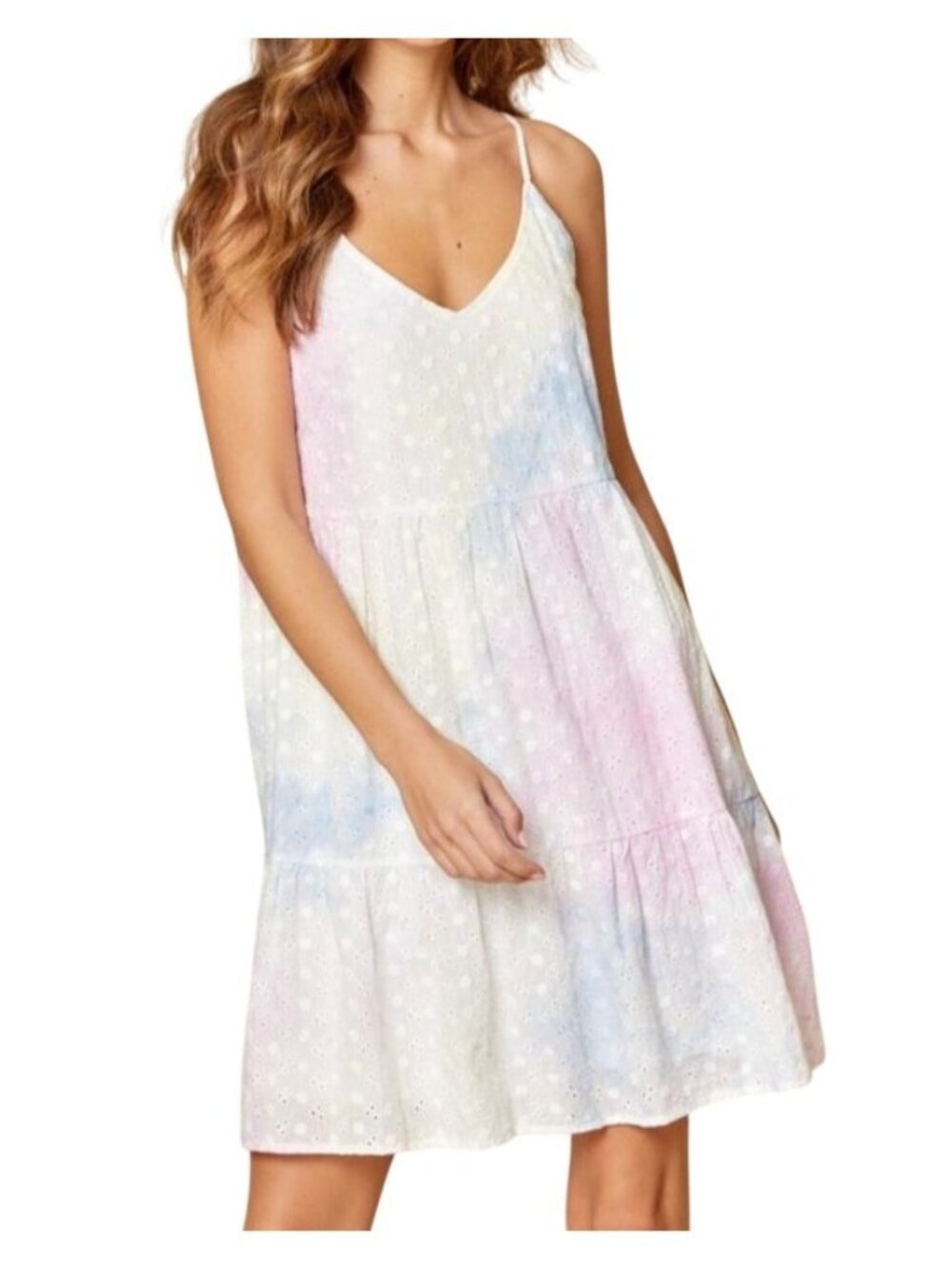 Andree by Unit Tie Dye Eyelet Tiered Sundress Pink Yellow Blue Size Large NWT